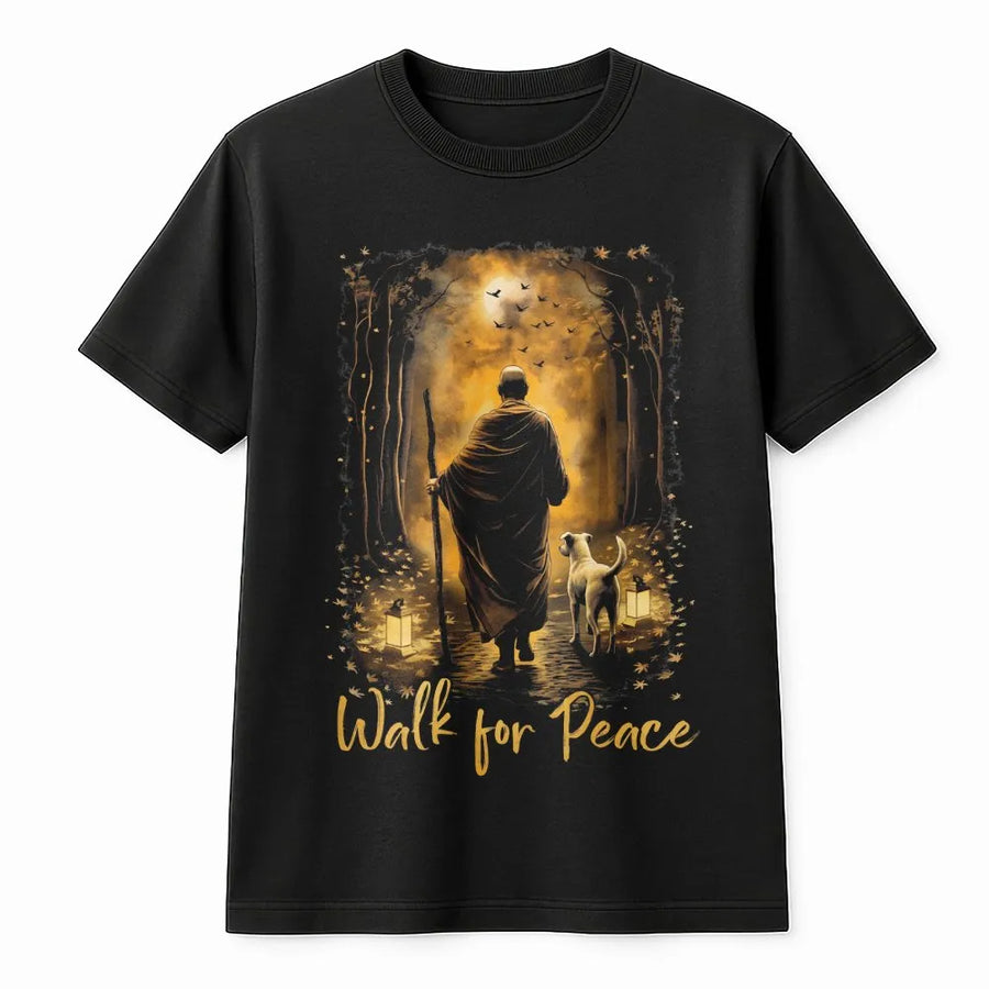 Walk For Peace T-Shirt | Zen Monk And Dog Forest Graphic | Soft Premium Cotton Tee | Spiritual Mindfulness Gift For Meditation Lovers