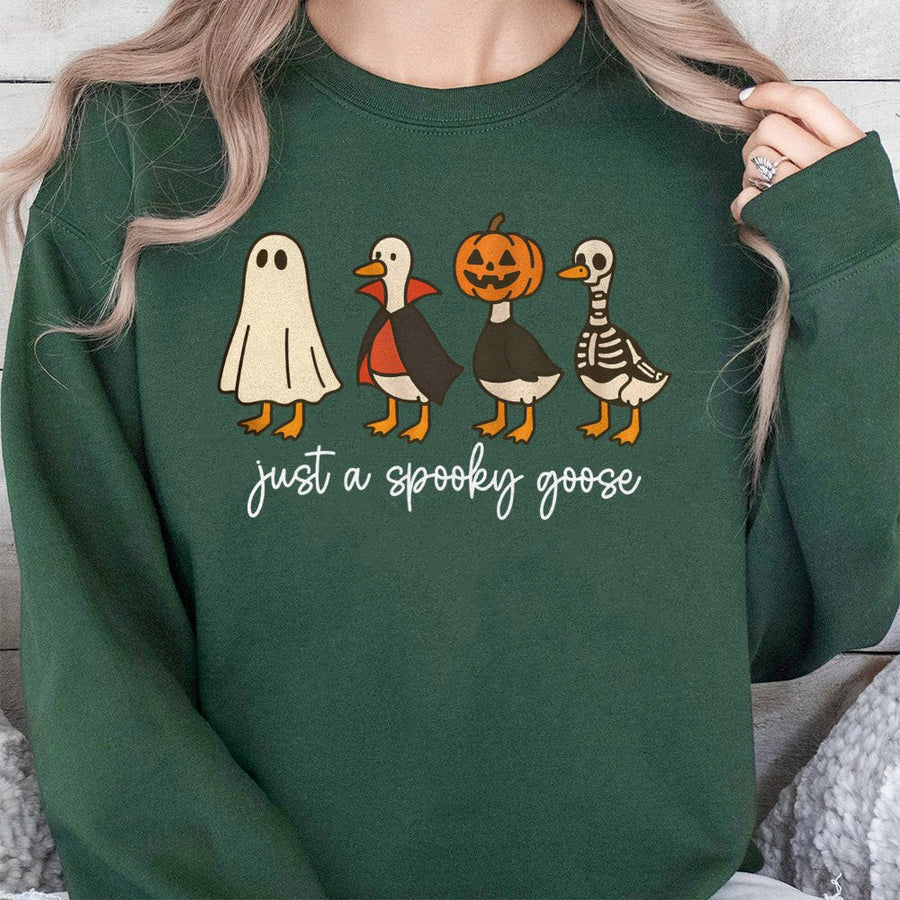 Just A Spooky Goose Sweatshirt | Funny Ghost Pumpkin Skeleton Duck Graphic | Premium Cotton Blend Crewneck | Halloween Gift For Goose Lovers