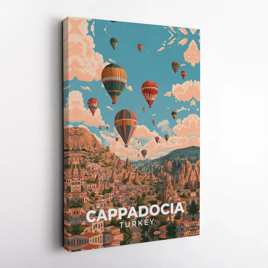 Cappadocia Turkey Canvas Wall Art | Vintage Hot Air Balloon Travel Poster | Premium Gallery Wrap Canvas | Gift for Traveler & Home Decor