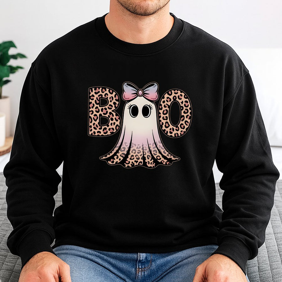 Preppy Ghost Boo Sweatshirt | Leopard Coquette Halloween Graphic | Premium Cotton Blend | Cute Aesthetic Fall Gift for Her