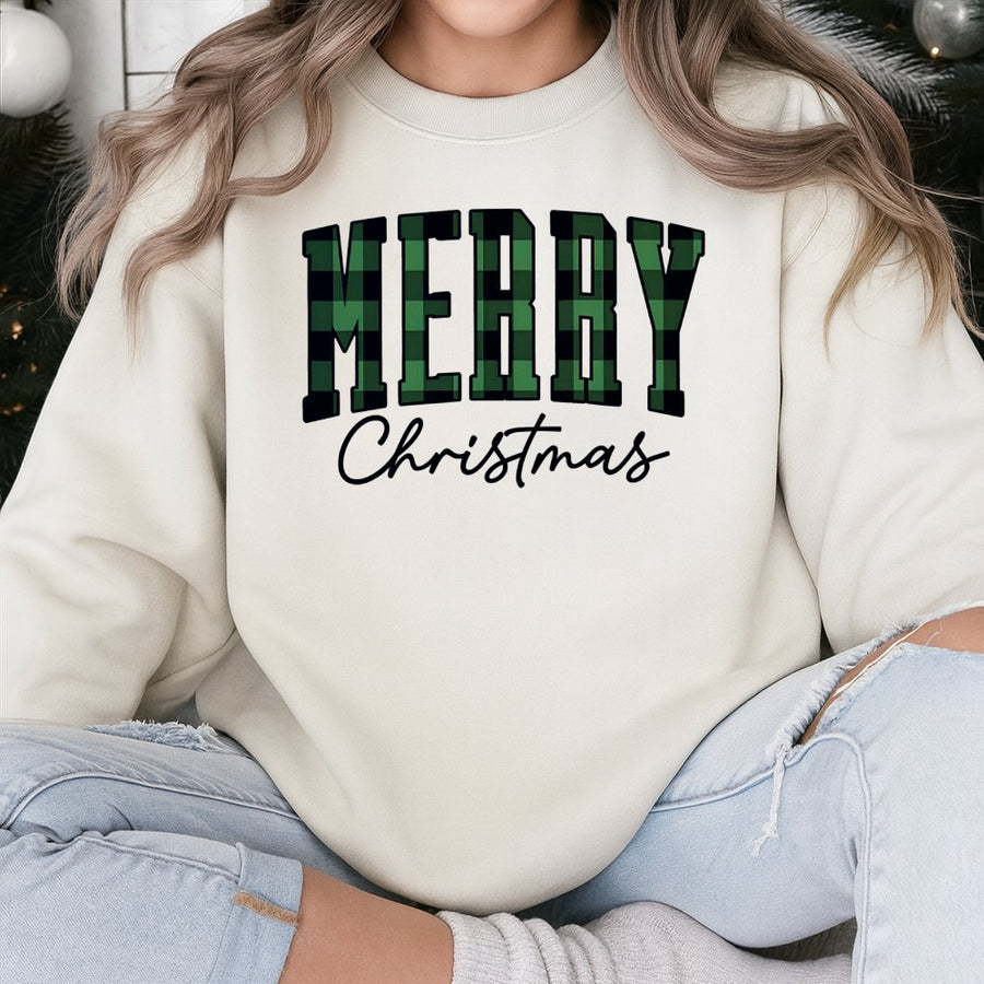 Merry Christmas Sweatshirt | Green Plaid Varsity Lettering | Premium Cotton-Poly Blend | Cozy Holiday Gift for Women and Men