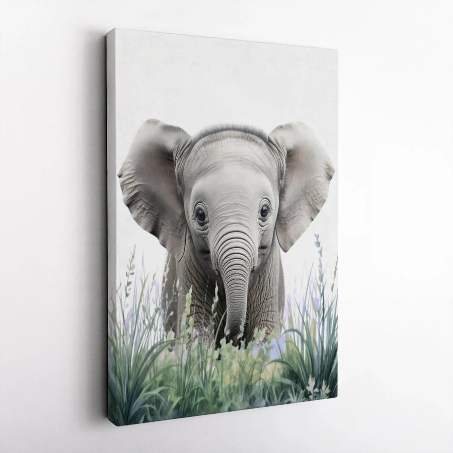 Baby Elephant Canvas Wall Art | Watercolor Safari Nursery Decor | 1.25 Inch Gallery Wrap Print | Premium Animal Home Decor Gift