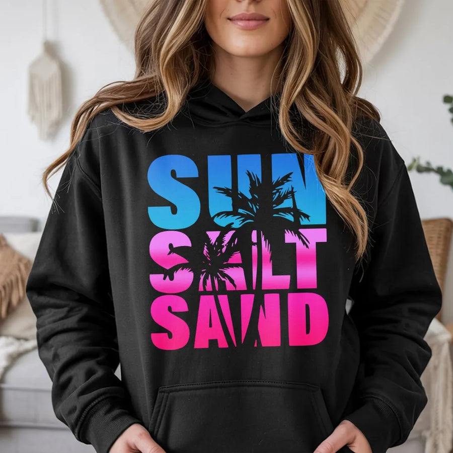 Sun Salt Sand Hoodie | Pink & Blue Ombre Palm Tree Graphic | Cozy Cotton Blend Pullover | Trendy Beach Lover Gift for Summer Vacation