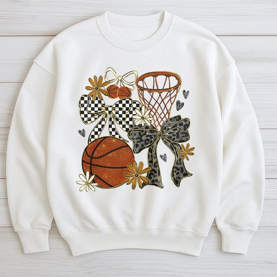 Coquette Basketball Sweatshirt | Trendy Floral Bow Game Day Graphic | Premium Cotton Blend | Gift For Basketball Mom and Players