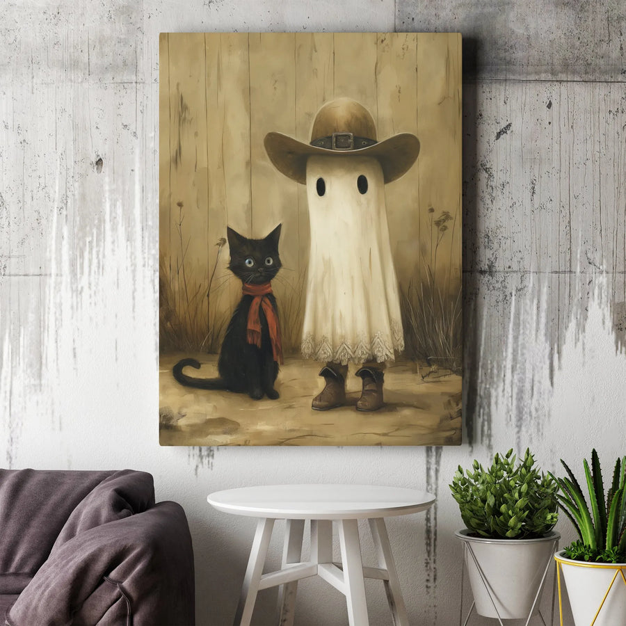 Cowboy Ghost And Black Cat Canvas Wall Art | Whimsical Western Spooky Decor | Premium Gallery Wrap Print | Halloween Gift For Cat Lovers