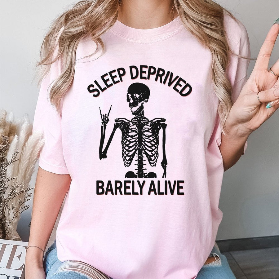 Sleep Deprived Barely Alive T-Shirt | Funny Skeleton Rock Hand Graphic | 100% Cotton Premium Tee | Sarcastic Gift for Tired Adults