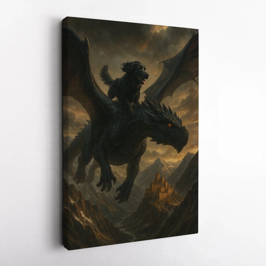 Black Dog Riding Dragon Fantasy Canvas Wall Art | Epic Mythical Creature Portrait | Premium Fade-Resistant Print | Unique Gift for Fantasy Lovers