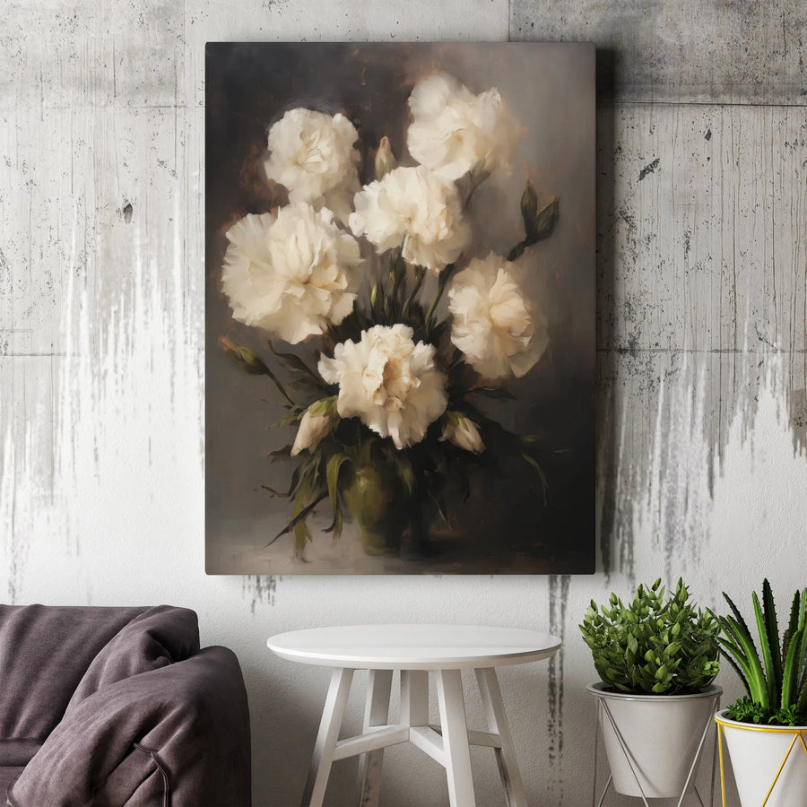 Moody Floral Canvas Print | Dark Academia White Flower Painting | Premium Gallery Wrapped Canvas | Classic Home Decor Gift