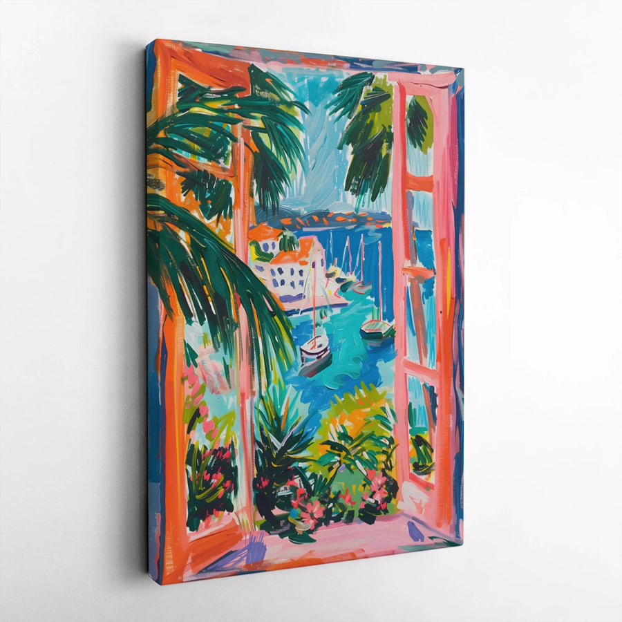 Vibrant Coastal Scene Vertical Canvas | Fauvism Inspired Window View | Premium Thick Gallery Canvas | Living Room & Bedroom Wall Decor Gift