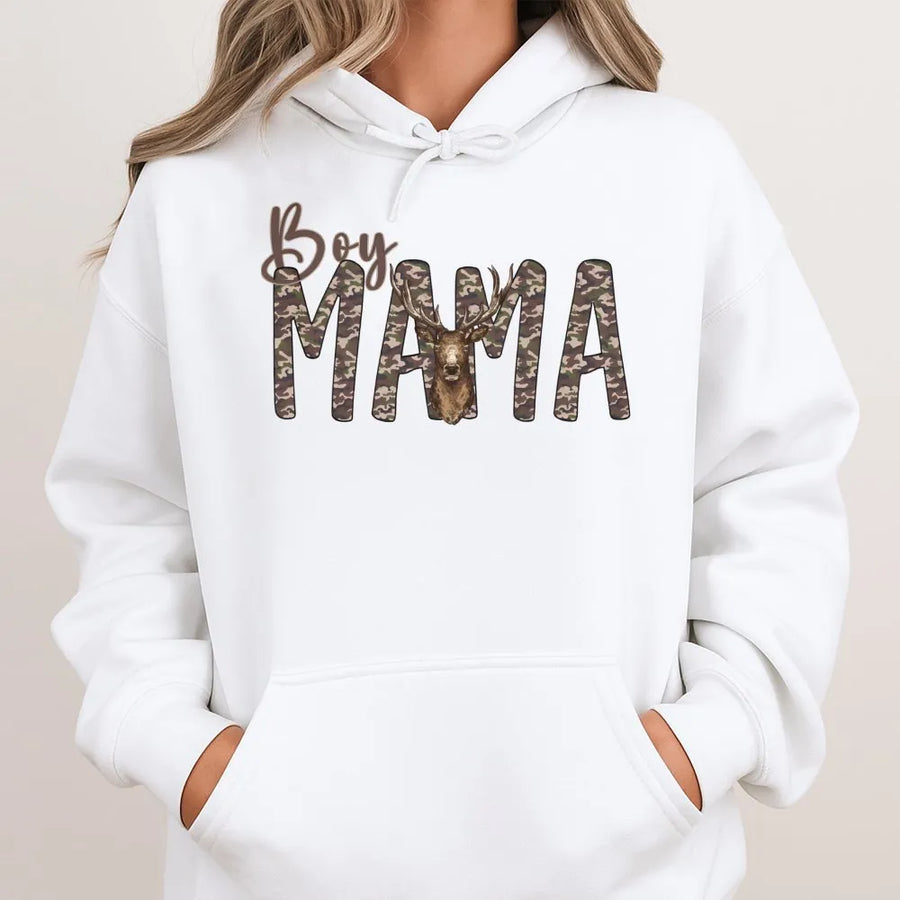 Boy Mama Camo Hoodie | Rustic Deer Antler Graphic Print | Premium Cotton-Blend | Trendy Gift for Country Moms and Outdoor Enthusiasts