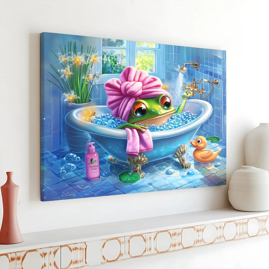 Cute Frog Canvas Wall Art | Whimsical Frog in Bathtub Print | Premium Gallery Quality Canvas | Kids Bathroom Decor & Nursery Gift