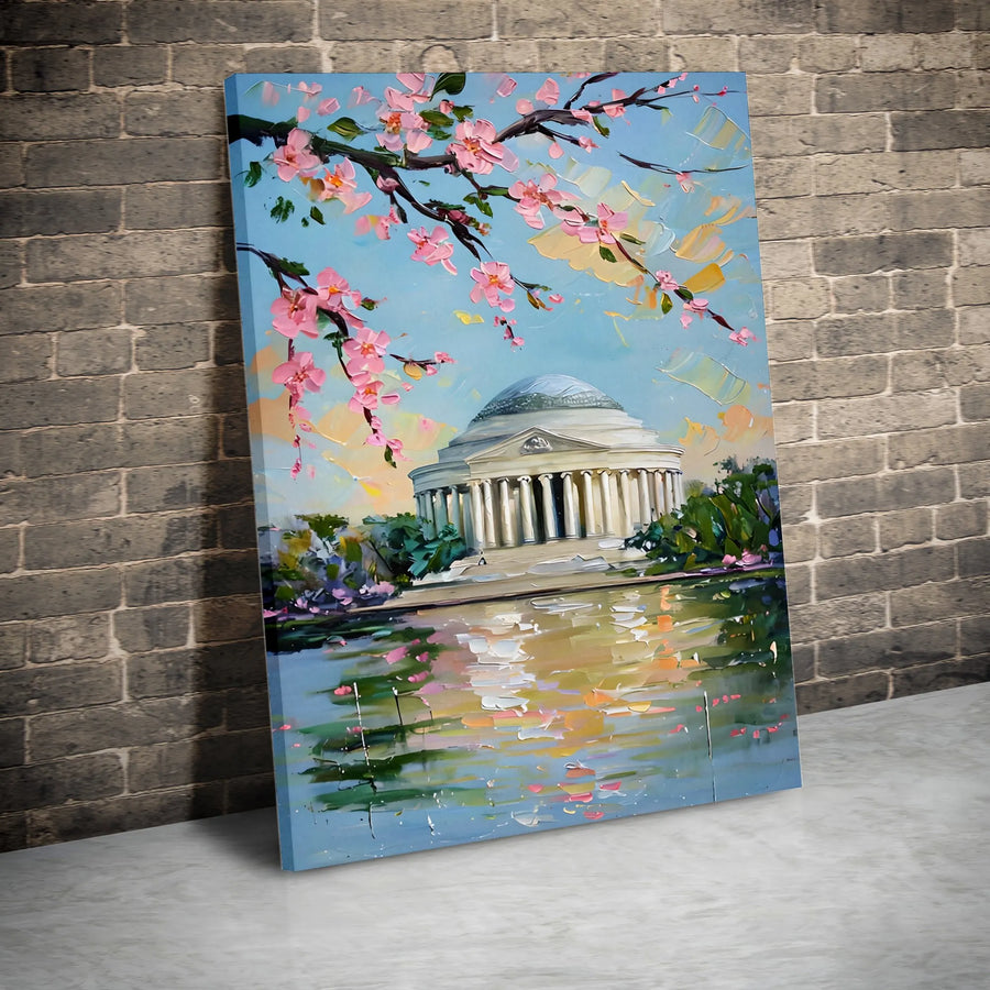 Washington DC Cherry Blossom Vertical Canvas | Jefferson Memorial Impressionist Painting | Premium Thick Gallery Wrap Wall Art | Home Decor Gift