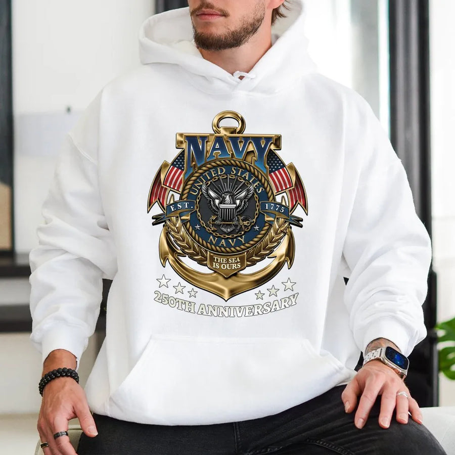 US Navy 250th Anniversary Hoodie | Commemorative Military Anchor Graphic | Premium Cotton Blend | Gift for Navy Veteran and Active Duty Sailors
