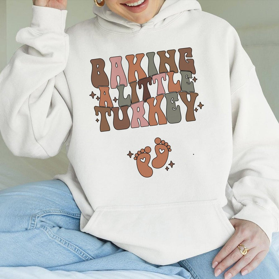Baking A Little Turkey Hoodie | Retro Thanksgiving Pregnancy Announcement | Premium Cotton-Blend Maternity Sweatshirt | Fall Baby Reveal Gift