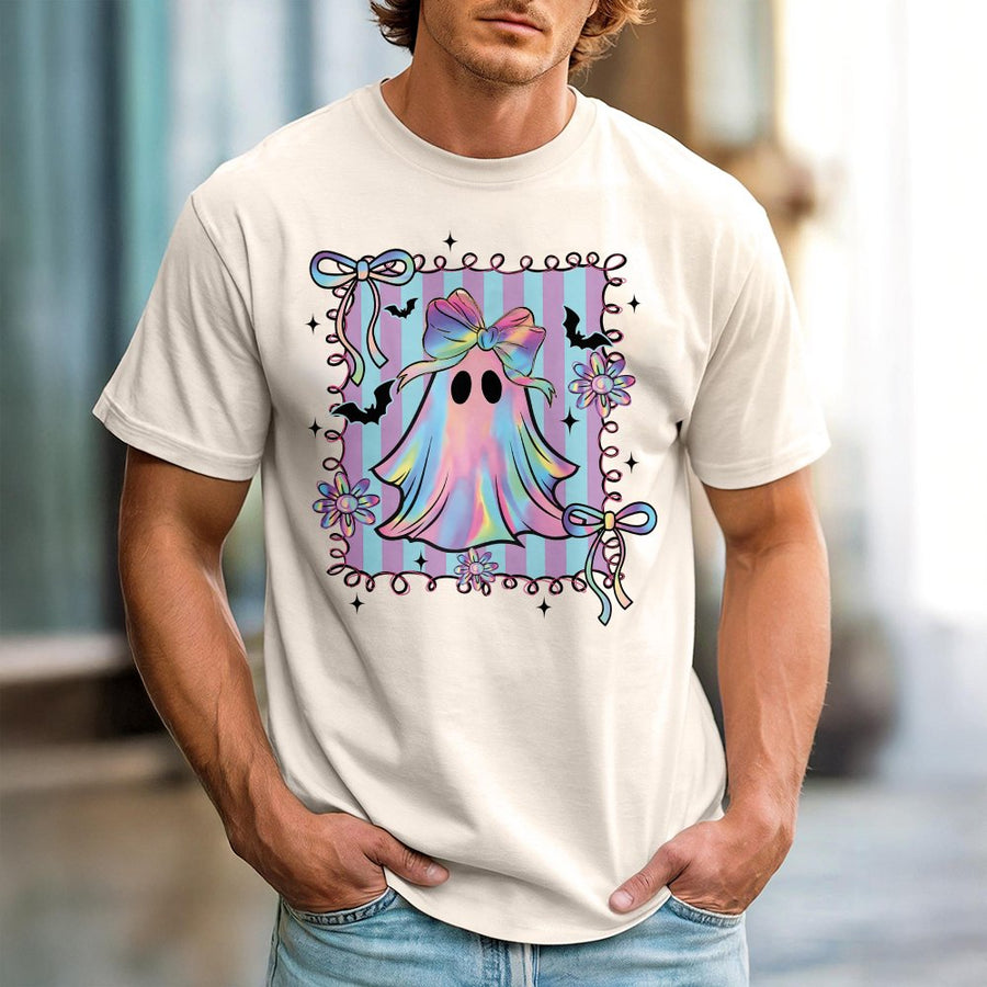 Preppy Halloween Ghost T-Shirt | Iridescent Bow Aesthetic Graphic | 100% Cotton Premium Tee | Cute Coquette Spooky Season Gift for Women