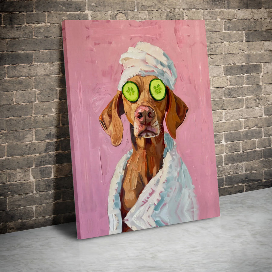 Vizsla Dog Spa Wall Art | Funny Puppy with Cucumber Slices | Premium Gallery Canvas | Cute Animal Bathroom Decor Gift