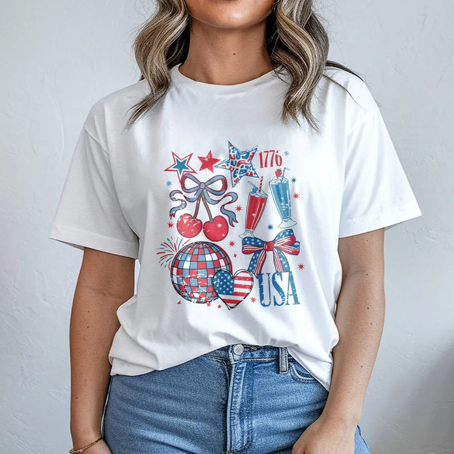Retro 4th of July T-Shirt | Coquette American Bow Graphic | Soft Unisex Crewneck | Independence Day Party Gift for Her