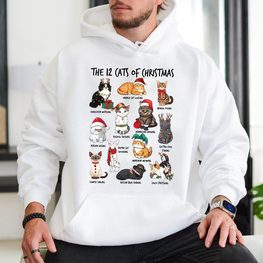 12 Cats Of Christmas Hoodie | Festive Cat Illustration Graphic | Soft Cotton-Blend Pullover | Xmas Gift For Cat Lovers & Pet Owners