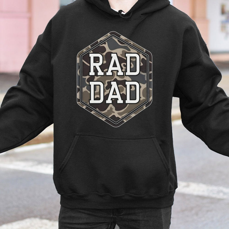 Rad Dad Hoodie | Camo Hexagon Graphic Print | Premium Cotton-Poly Blend | Funny Father's Day 2026 Gift for New Dad or Husband