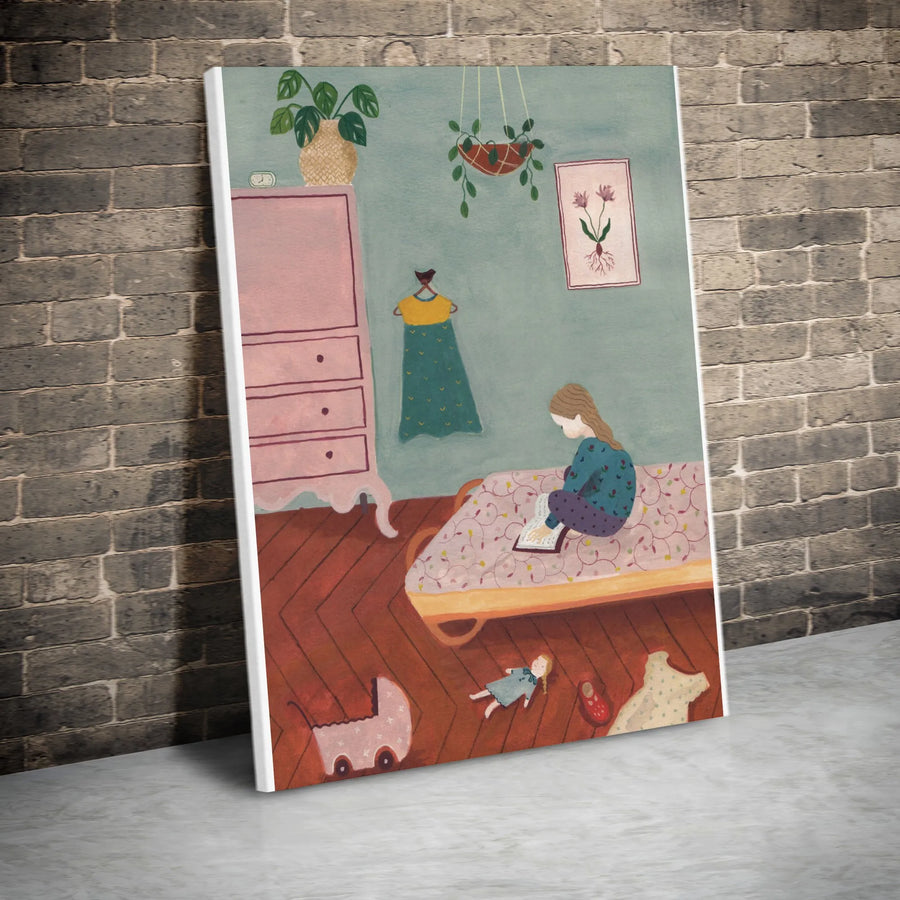 Storybook Girl Reading Canvas Art | Whimsical Bedroom Illustration | Premium Gallery Wrap Canvas | Nursery & Kids Room Decor Gift