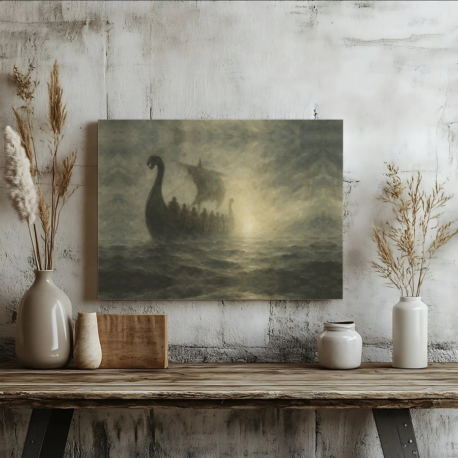 Viking Longship Canvas Art | Moody Foggy Sea Landscape | Premium Gallery-Wrapped Print | Norse Mythology Wall Decor for Home Office