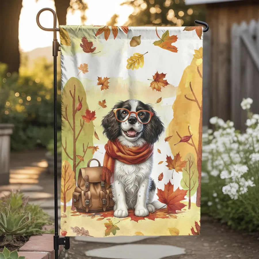 Autumn Dog Garden Flag | Scholarly Puppy with Falling Leaves | Double Sided Premium Polyester | Seasonal Yard Decor Gift for Dog Lovers