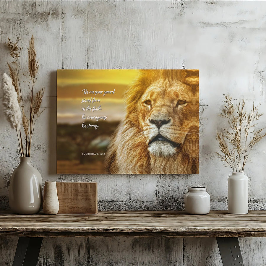 Lion Bible Verse Canvas Wall Art | 1 Corinthians 16:13 Scripture Print | Premium Gallery Wrap Wooden Frame | Christian Home Decor Gift