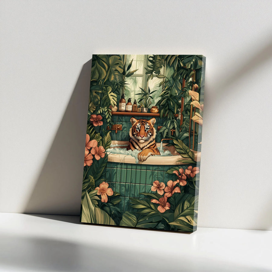 Tiger in Bathtub Vertical Canvas | Surreal Jungle Bathroom Art | Premium Canvas Print | Unique Botanical Gift for Animal Lovers