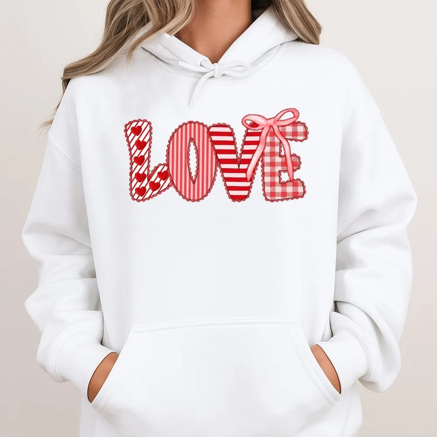 Love Valentine Hoodie | Coquette Aesthetic Patchwork Heart Gingham Bow Graphic | Soft Cotton Blend Sweatshirt | Romantic Gift For Her Women Teens