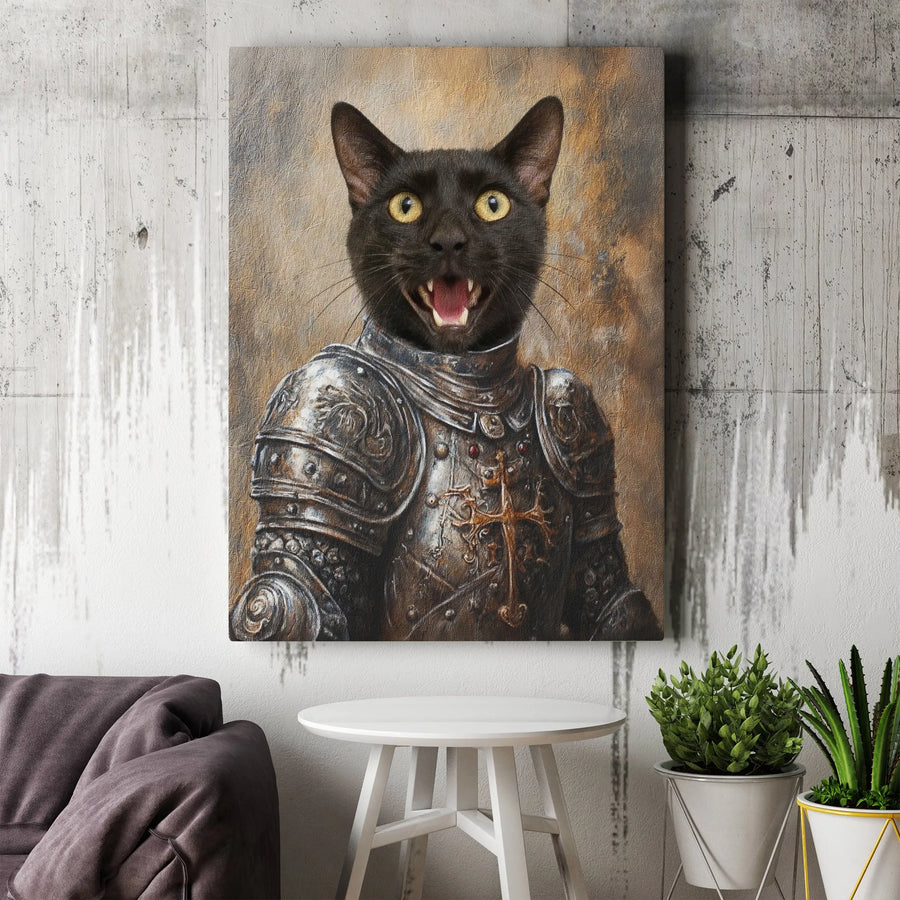 Black Cat Knight Canvas Wall Art | Funny Medieval Pet Portrait | Premium Gallery Canvas | Collector's Gift for Cat Lovers
