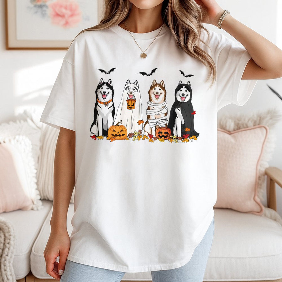 Husky Halloween T-Shirt | Cute Ghost Dog Costume Graphic | Premium 100% Cotton Tee | Spooky Dog Lover Gift for Men and Women