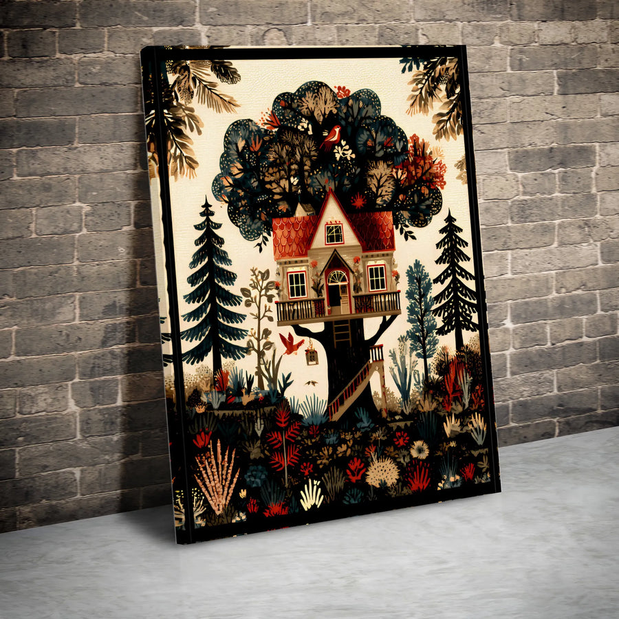 Whimsical Treehouse Canvas Wall Art | Enchanted Woodland Illustration | Premium Canvas Print | Nursery Decor Gift for Nature Lover
