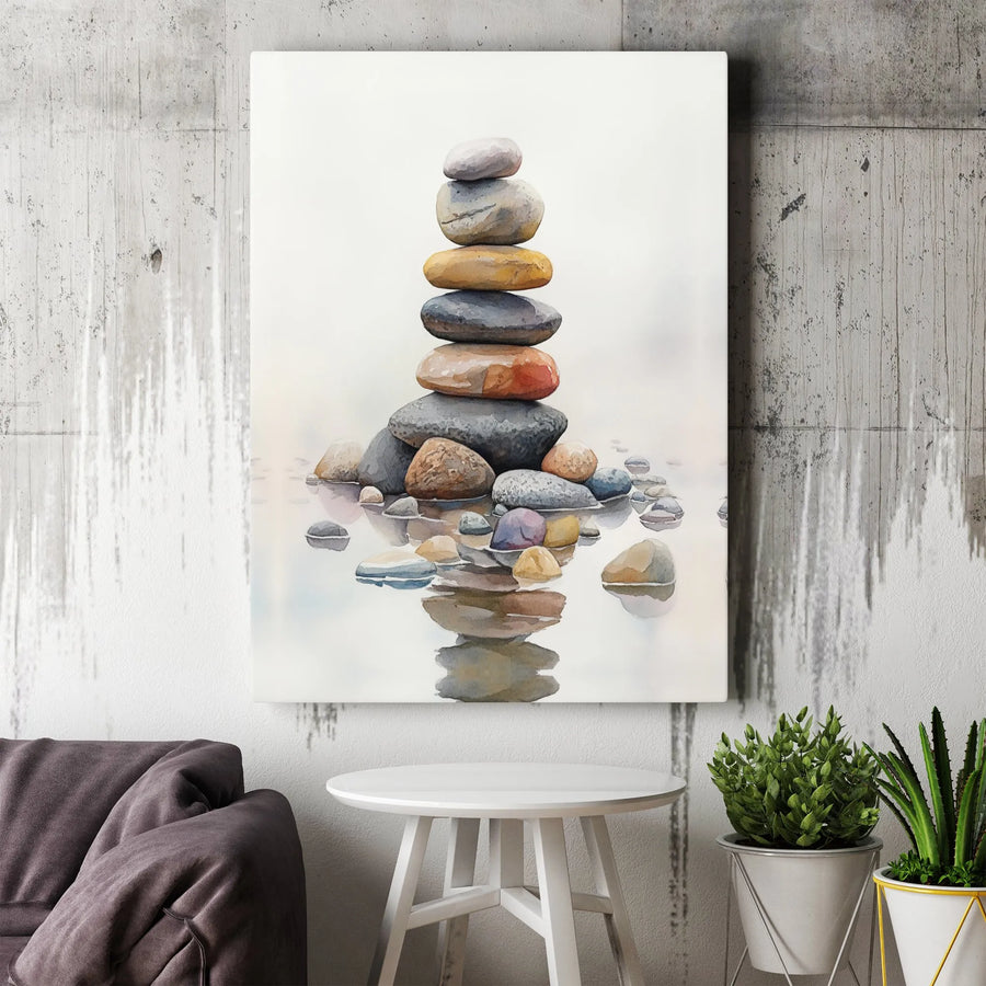 Zen Stones Canvas Wall Art | Watercolor Rock Balancing Print | Thick 1.25" Gallery Wrap | Premium Gift for Yoga Studio & Spa Decor
