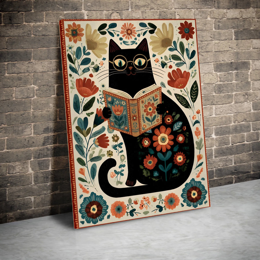 Folk Art Black Cat Vertical Canvas | Botanical Book Lover Wall Art | Premium Thick Gallery Print | Collector's Gift for Librarian Home Decor