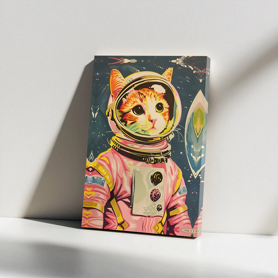 Astronaut Cat Canvas Wall Art | Retro Pop Art Cosmic Kitten Print | Premium Framed Canvas | Gift for Cat Lover, Kids Room & Nursery Decor