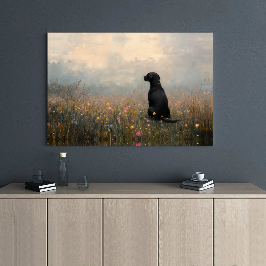 Black Labrador Canvas Art | Impressionistic Wildflower Meadow Print | 1.25" Gallery Wrap | Dog Lover Home Decor Gift