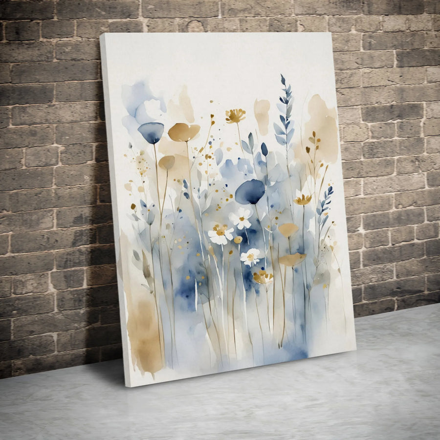 Abstract Watercolor Wildflower Canvas Wall Art | Blue and Gold Botanical Print | Premium Gallery Wrap | Modern Home Office Decor Gift