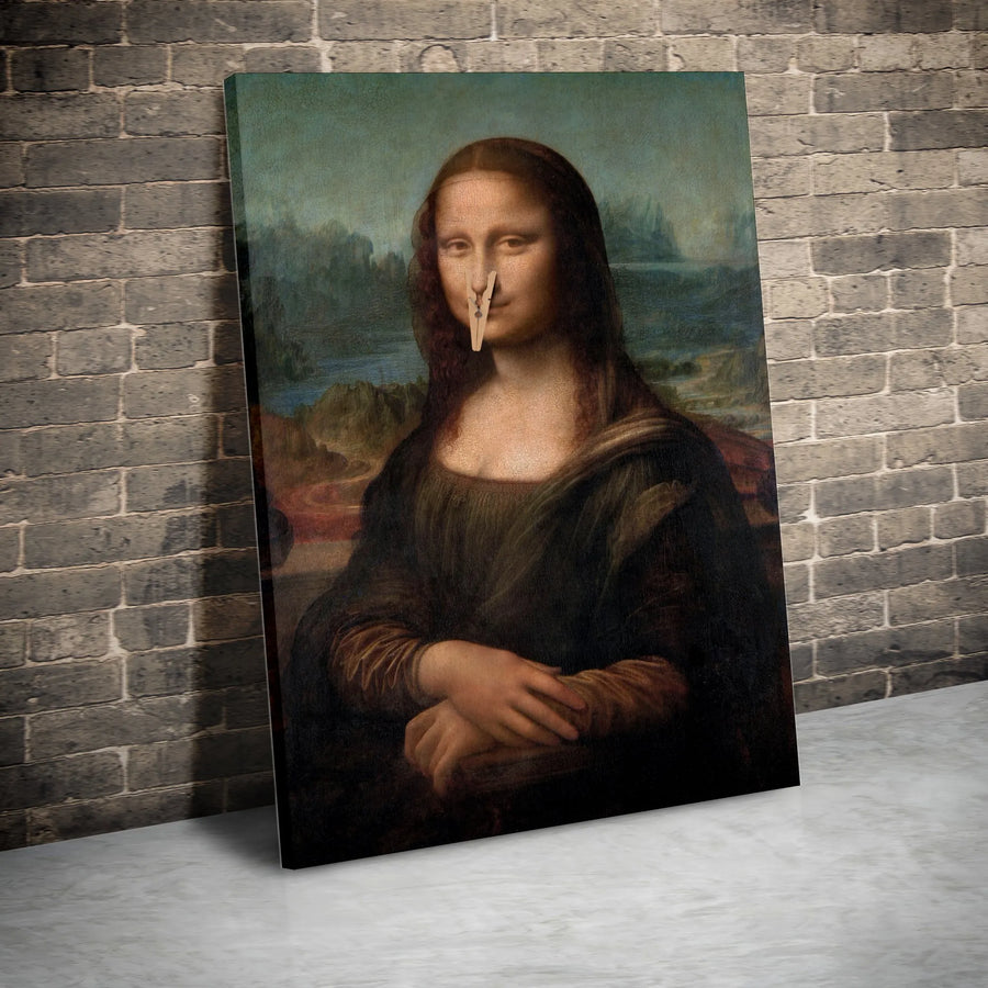 Funny Mona Lisa Canvas Print | Humorous Parody with Clothespin Nose | Premium Gallery Wrapped Art | Unique Gift for Modern Home Decor