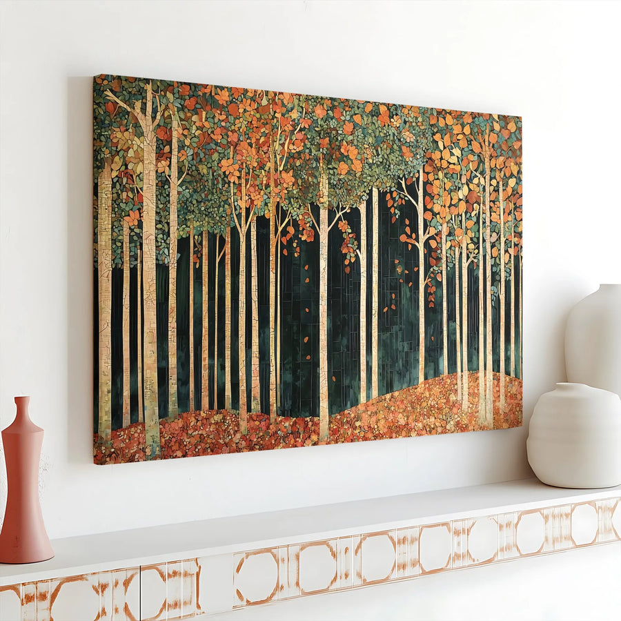 Autumn Forest Canvas Wall Art | Mosaic Birch Tree Landscape | Premium 1.25" Gallery Wrap | Nature Home Decor Gift for Living Room