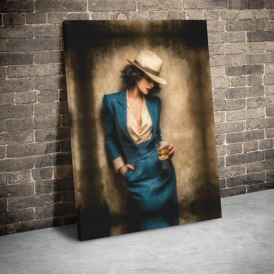 Vintage Woman Portrait Canvas | Fedora Hat Blue Suit Whiskey Drinker | Gallery Wrapped Premium Wall Art | Sophisticated Home Office Decor Gift