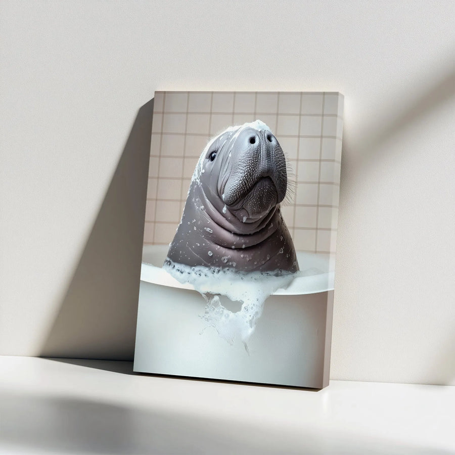 Funny Manatee Canvas Wall Art | Bubble Bath Animal Portrait | Premium Gallery Wrap Decor | Unique Bathroom Gift for Ocean Lovers