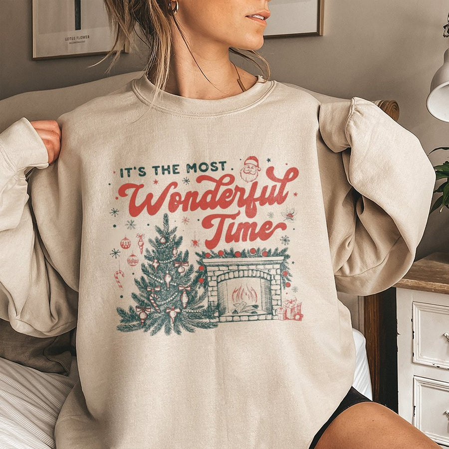 It's The Most Wonderful Time Christmas Sweatshirt | Vintage Holiday Tree & Fireplace Graphic | Premium Cotton Blend | Cozy Festive Gift for Her