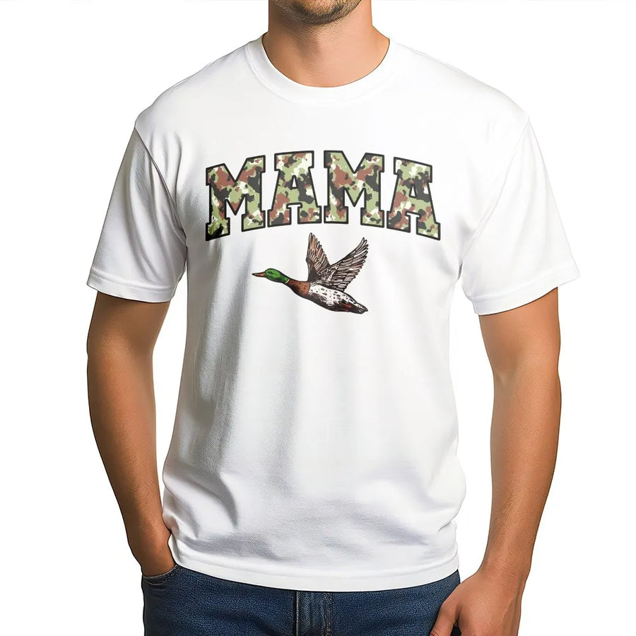 Mama Duck Hunting T-Shirt | Camo Print Lettering & Flying Mallard Design | 100% Cotton Premium Apparel | Gift for Outdoorsy Mom & Hunting Season