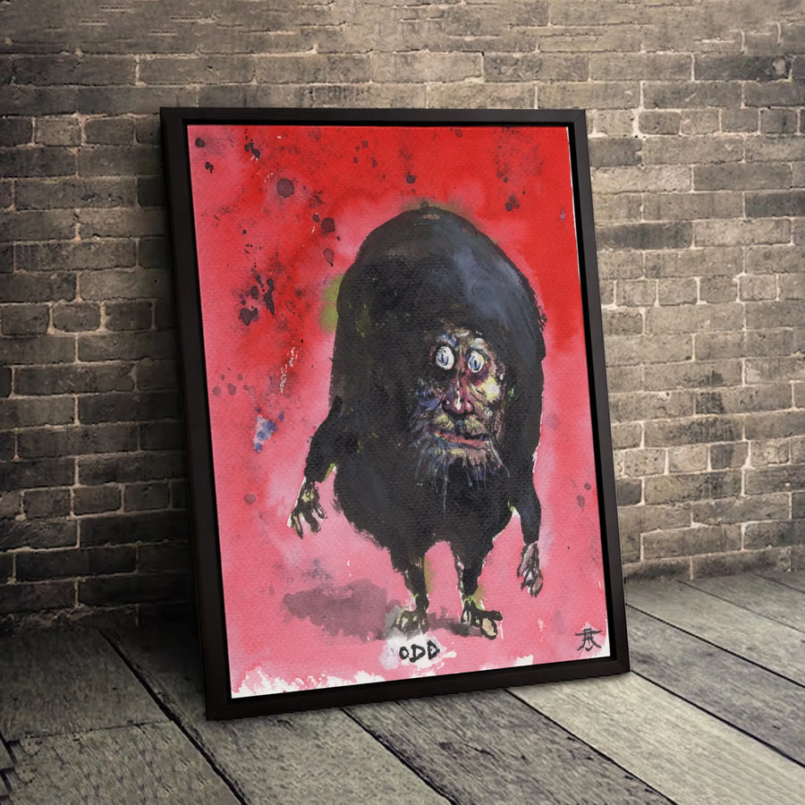 Odd Hairy Monster Wall Art | Quirky Creature Red Watercolor Canvas | Premium Gallery-Wrapped Decor | Unique Gift for Eccentric Art Lovers