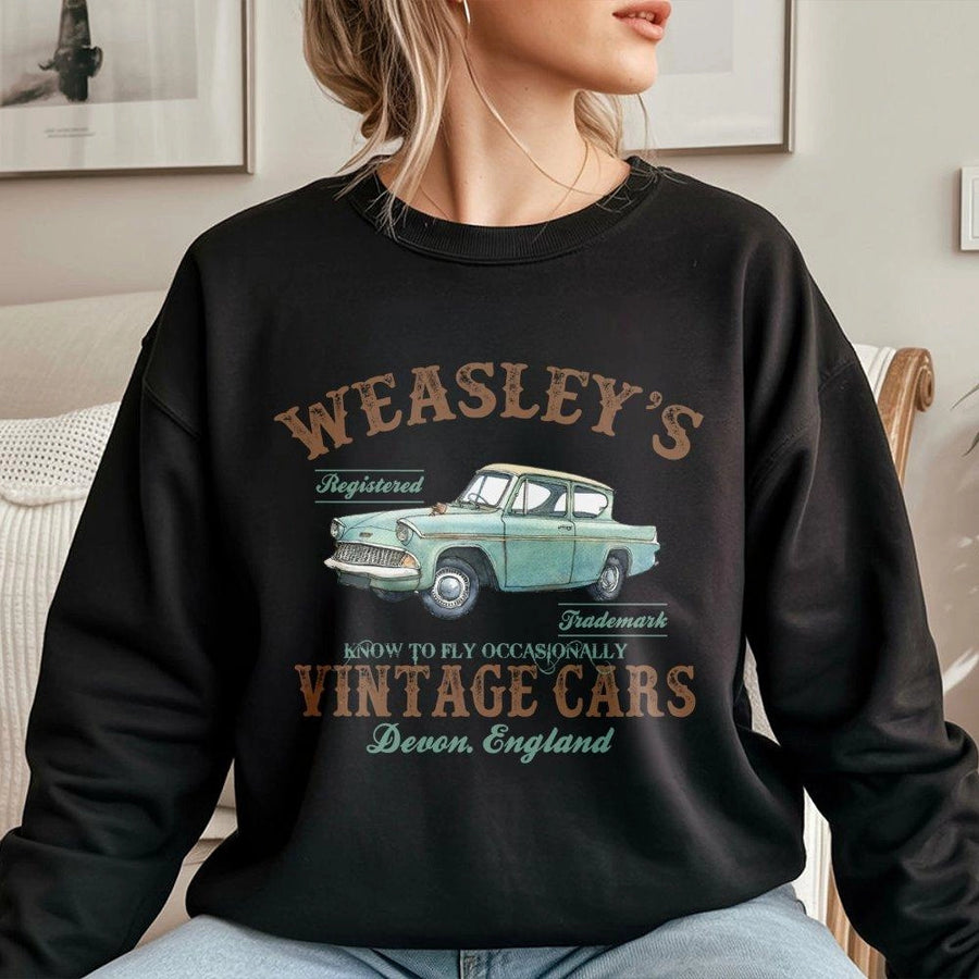 Vintage Flying Car Sweatshirt | Retro Automotive Graphic Print | Cotton Blend Crewneck | Magical Fan Gift For Men And Women