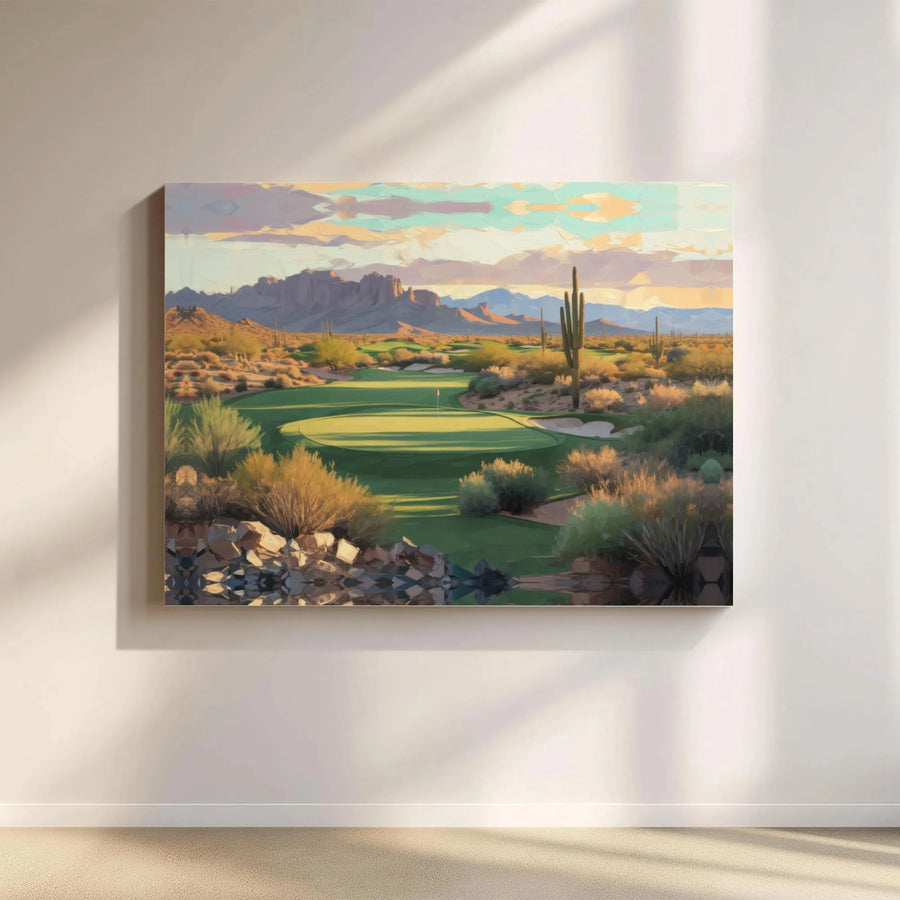 Arizona Desert Golf Canvas Art | Southwestern Landscape with Saguaro Cactus | Premium Gallery Wrapped Print | Unique Golfer Gift for Office Decor