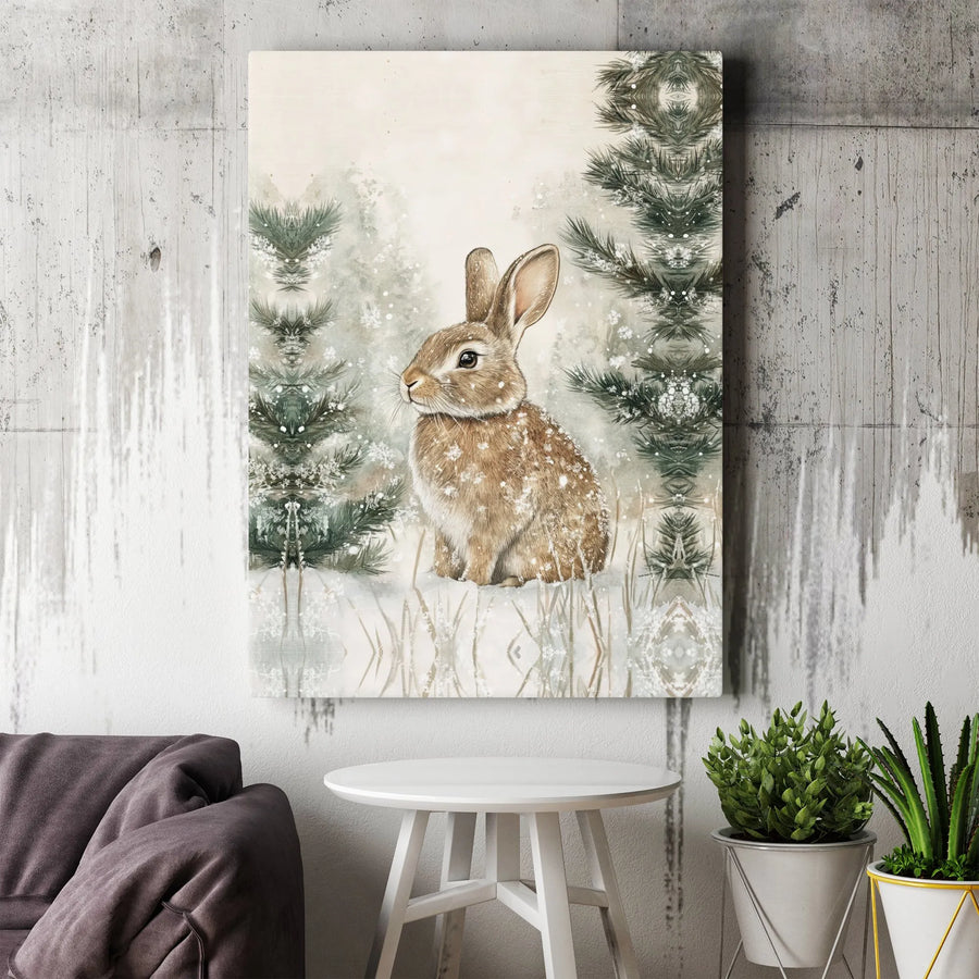 Winter Rabbit Canvas Wall Art | Watercolor Snowy Forest Portrait | Premium 1.25" Gallery Wrap | Nature Home Decor Gift for Animal Lovers