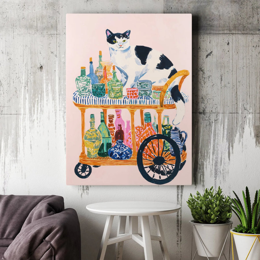 Cat Bar Cart Wall Art | Whimsical Colorful Animal Canvas Print | Premium Gallery Wrap Decor | Gift for Cat Lovers & Home Bar Enthusiasts