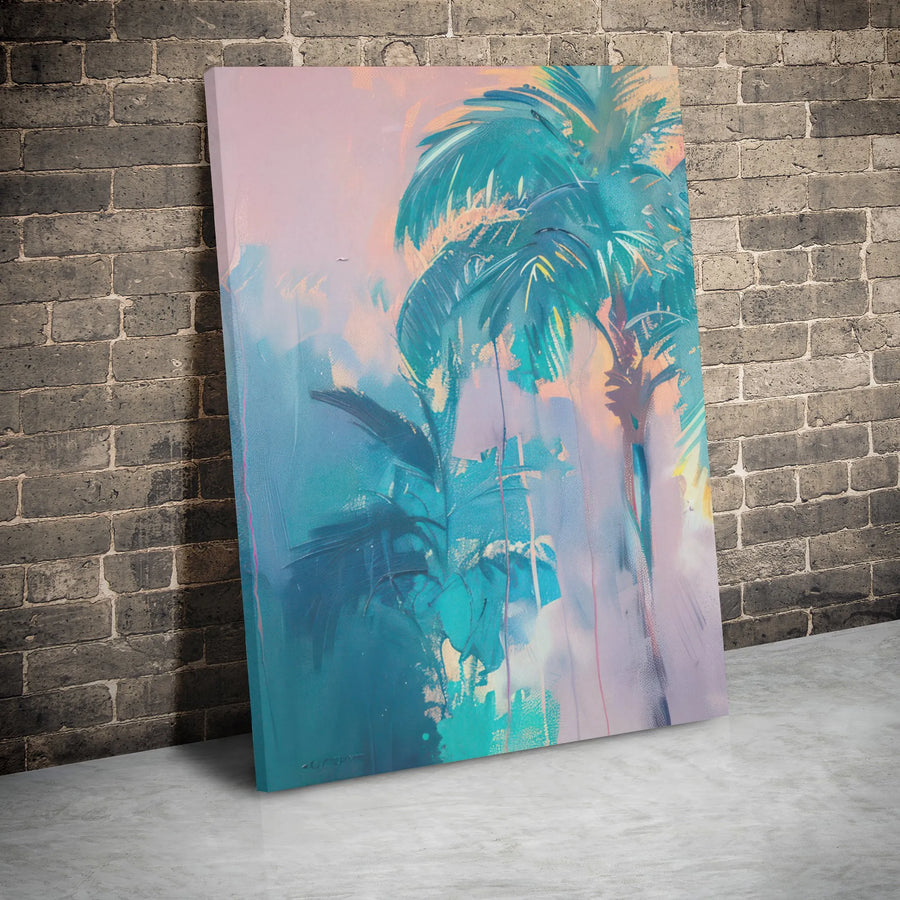 Abstract Palm Tree Canvas Art | Teal and Pink Coastal Wall Decor | Premium Gallery Wrapped Print | Modern Home Decor Gift