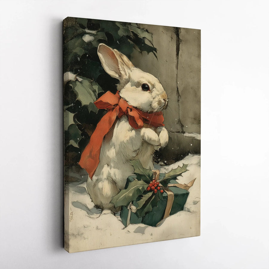 Vintage Christmas Bunny Canvas | Festive White Rabbit With Red Bow Wall Art | Premium Gallery Wrap Print | Holiday Home Decor Gift
